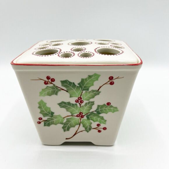 Andrea by Sadek Williamsburg Christmas Holly Flower Frog Vase Pot Square *READ - Picture 2 of 9